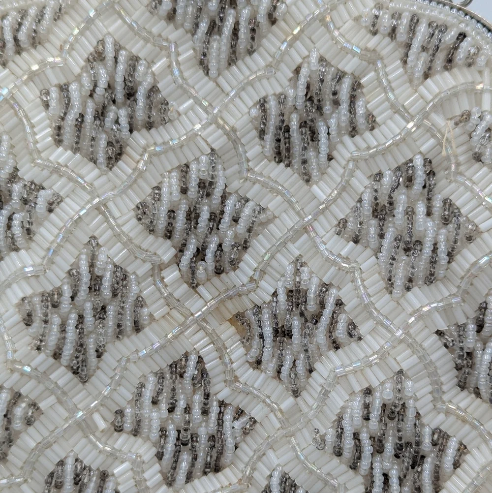 Vintage Handmade Beaded Evening Bag Clutch Purse Coquette Glam Cream White Retro